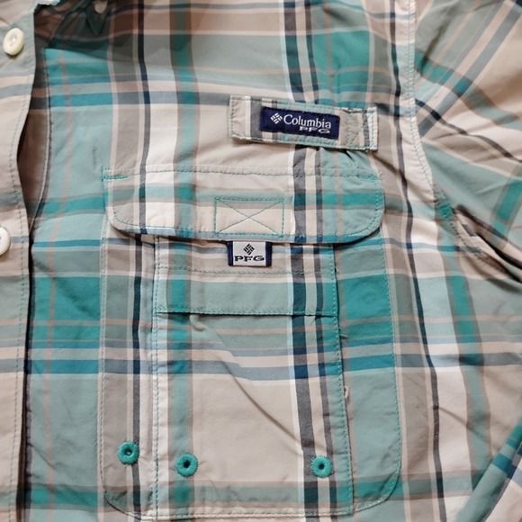 Columbia PFG Shirt Mens L Green Tan Plaid Super Bahama Omni Shade Long Sleeve - Picture 5 of 13
